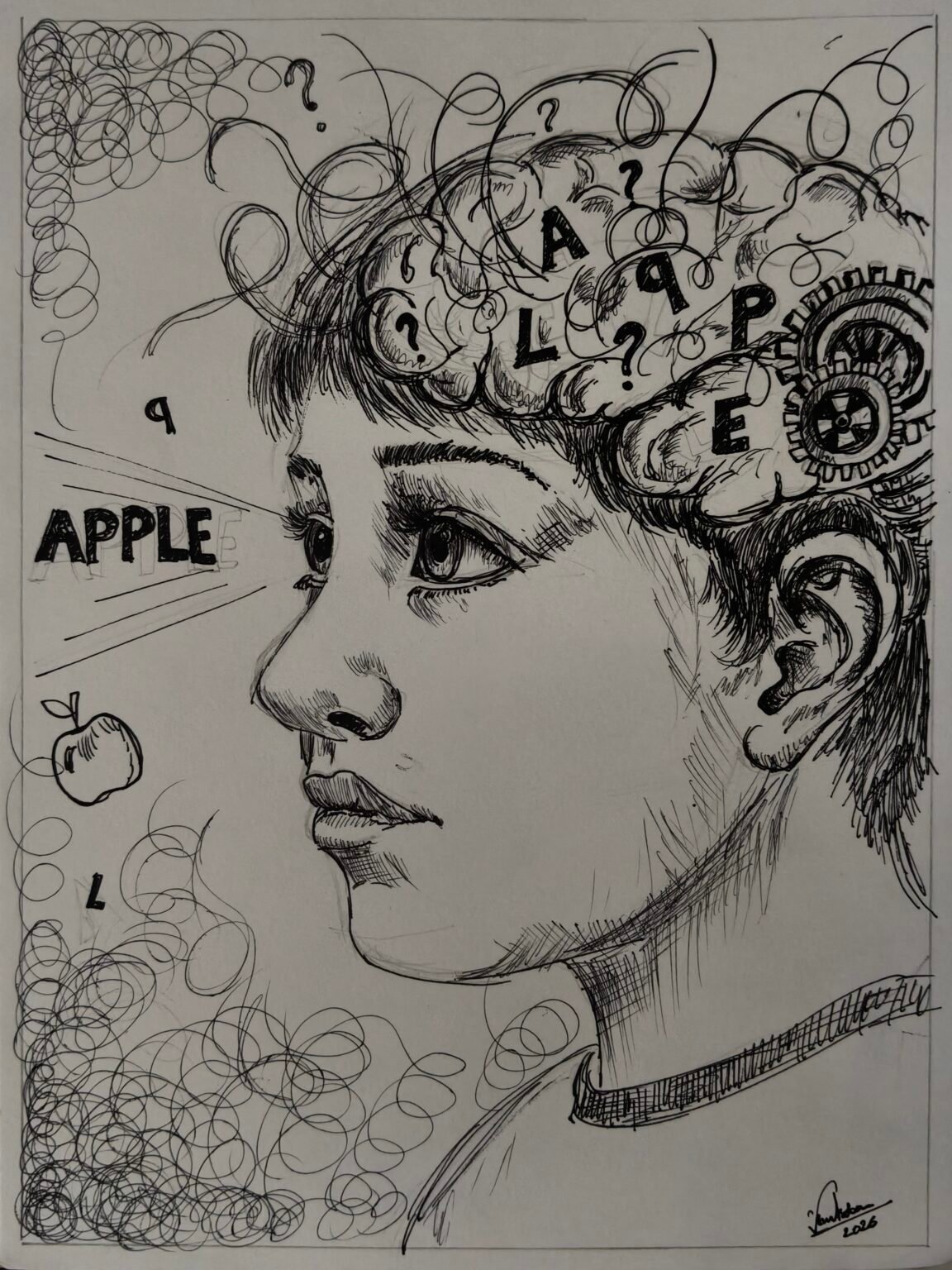 Lost in Letters, a hand-drawn artwork by Aswini Asokan M