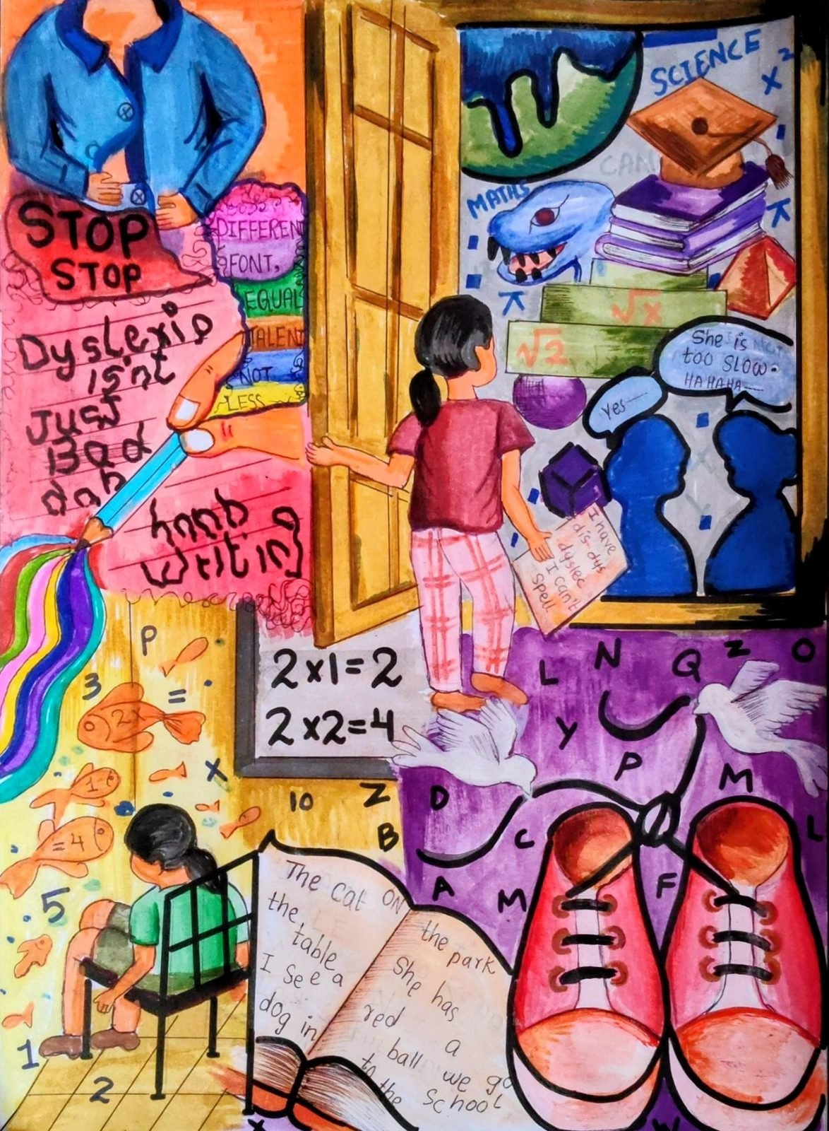 The Door I’m Afraid to Open — A Story of Dyslexia, a hand-drawn artwork by Gulafsha Nisar Shaikh