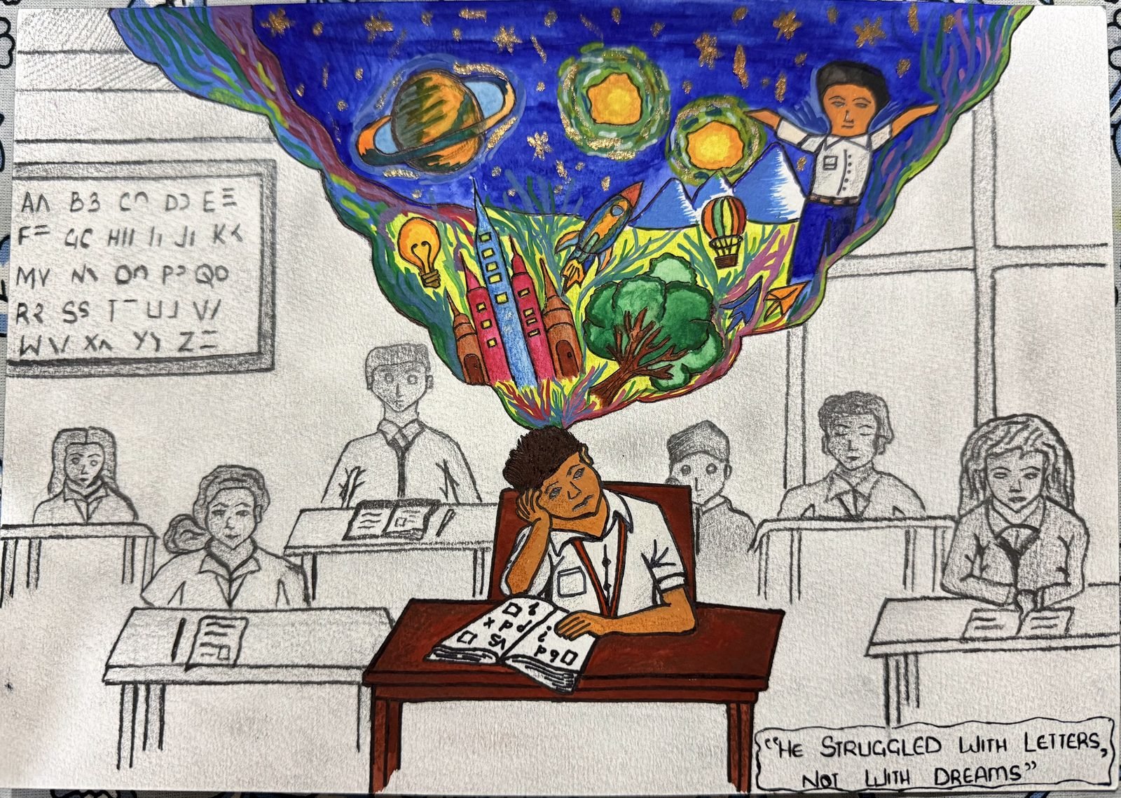 Beyond the Letters, a Universe of Possibilities, a hand-drawn artwork by Mona Vachhani